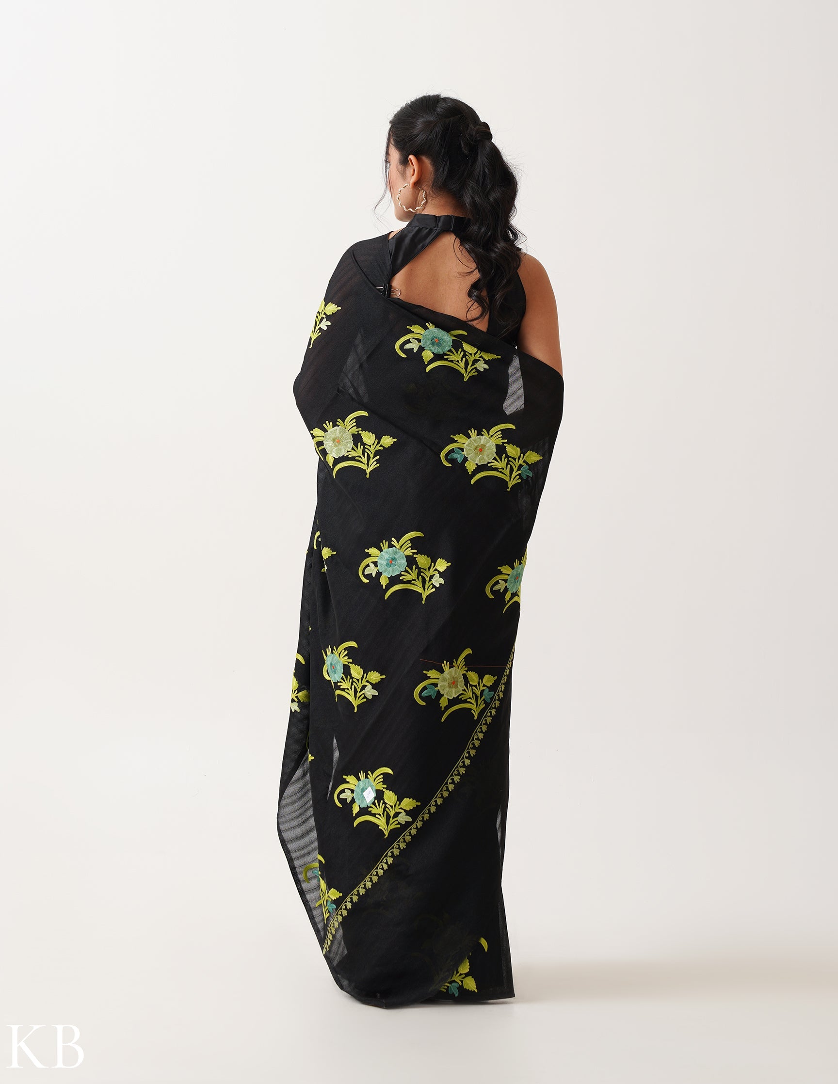 Lush Green Embroidered Classic Black Silk Saree - Kashmir Box