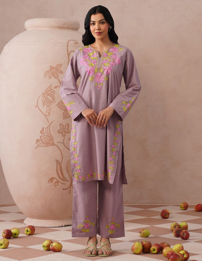 Mauve Poplin Coordset – Pink &amp; Green Aari Embroidery | Feminine Ethnic Wear - Kashmir Box