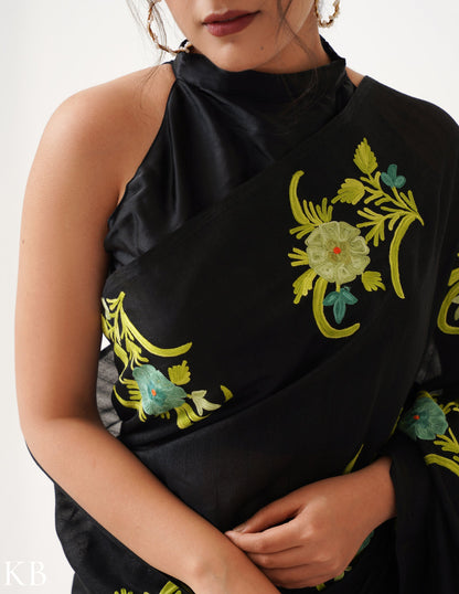 Lush Green Embroidered Classic Black Silk Saree - Kashmir Box