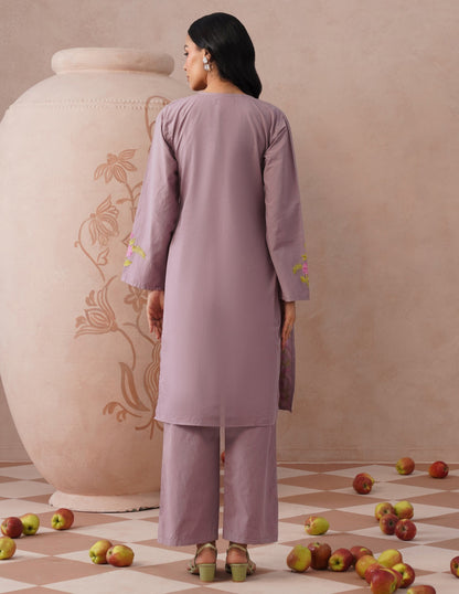 Mauve Poplin Coordset – Pink &amp; Green Aari Embroidery | Feminine Ethnic Wear - Kashmir Box