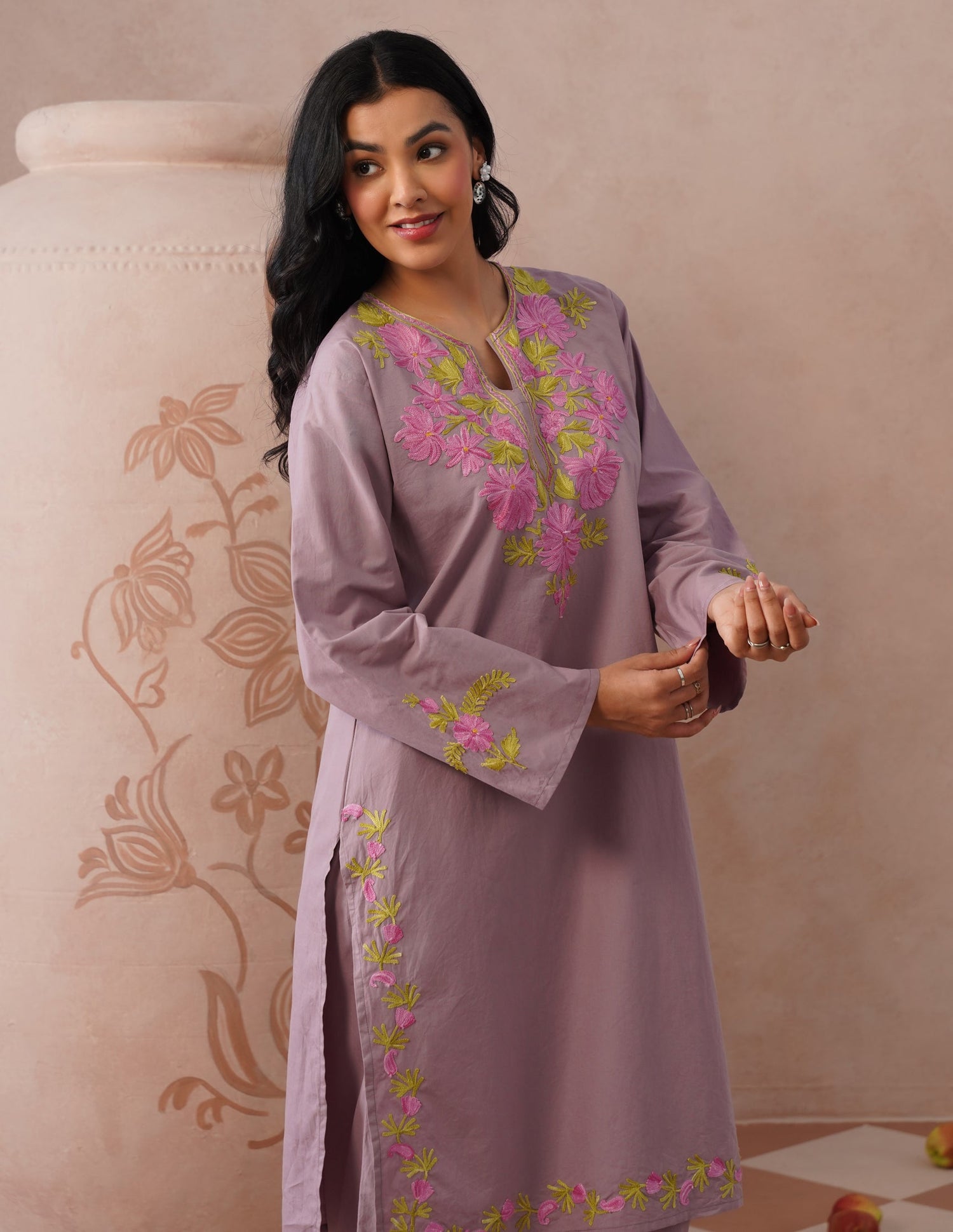 Mauve Poplin Coordset – Pink &amp; Green Aari Embroidery | Feminine Ethnic Wear - Kashmir Box