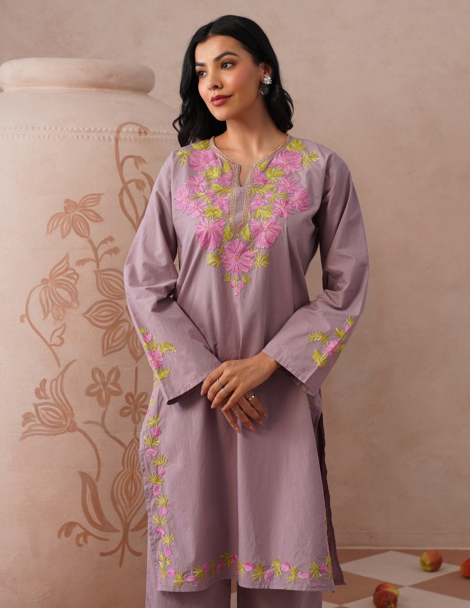 Mauve Poplin Coordset – Pink &amp; Green Aari Embroidery | Feminine Ethnic Wear - Kashmir Box