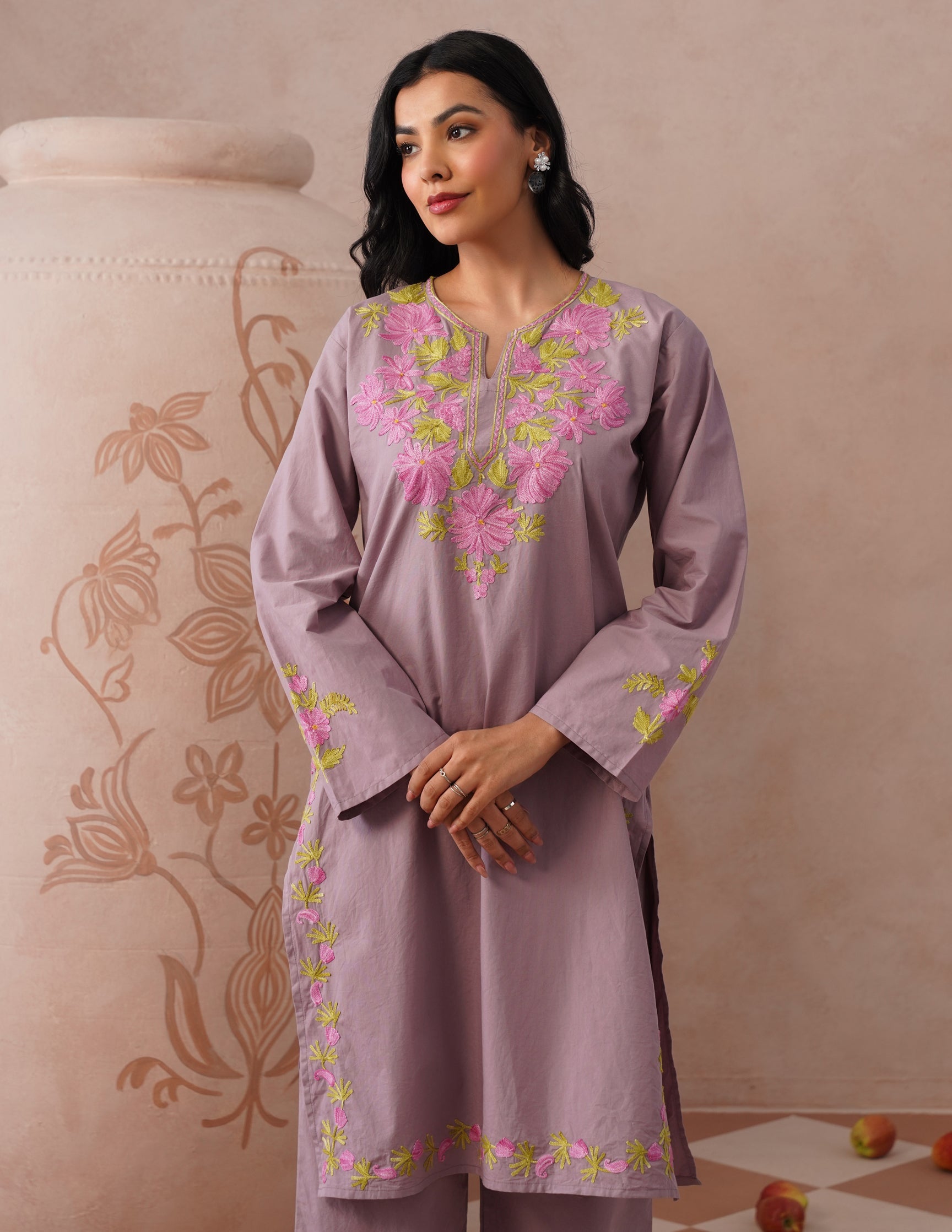 Mauve Poplin Coordset – Pink &amp; Green Aari Embroidery | Feminine Ethnic Wear - Kashmir Box