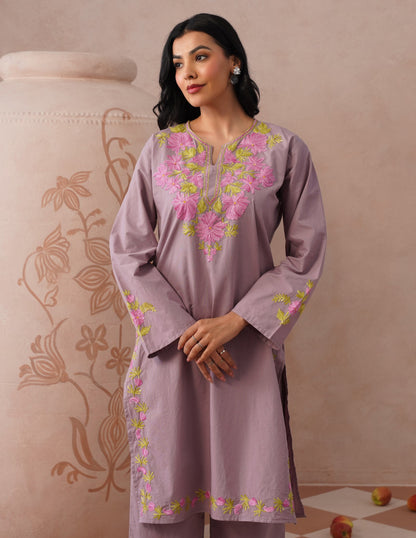 Mauve Poplin Coordset – Pink &amp; Green Aari Embroidery | Feminine Ethnic Wear - Kashmir Box