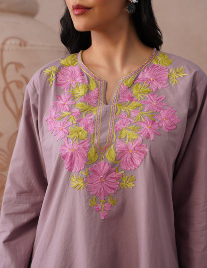 Mauve Poplin Coordset – Pink &amp; Green Aari Embroidery | Feminine Ethnic Wear - Kashmir Box