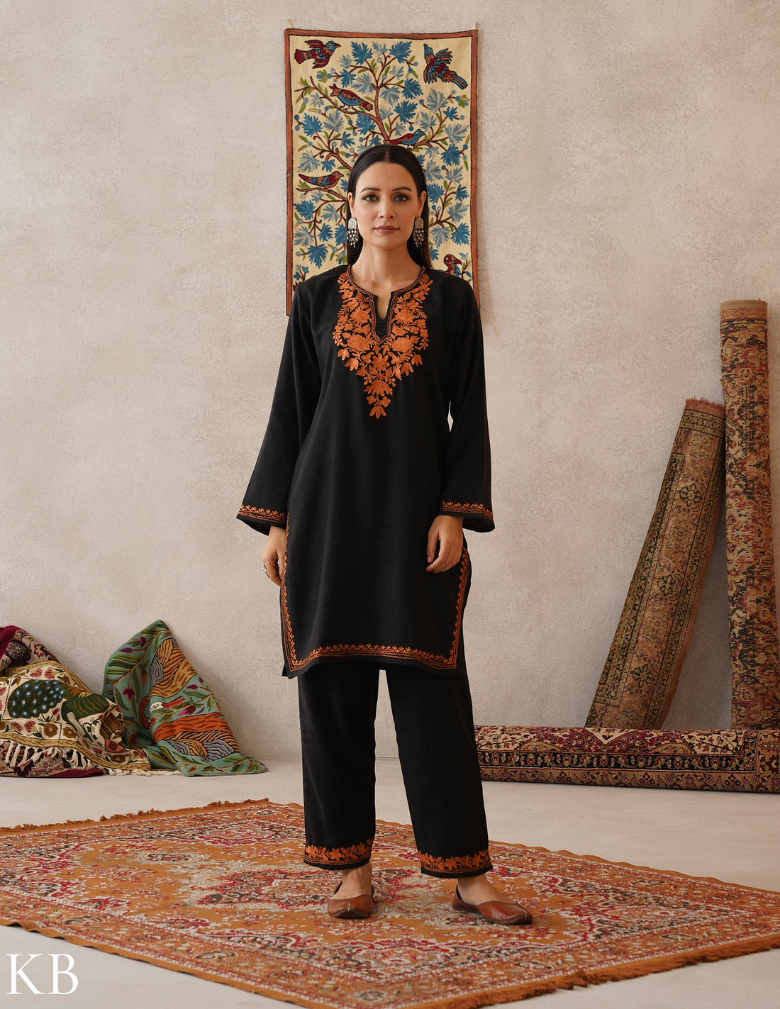 meHER Classic Black Kashmiri Copper Zari Woollen Co-ord Set