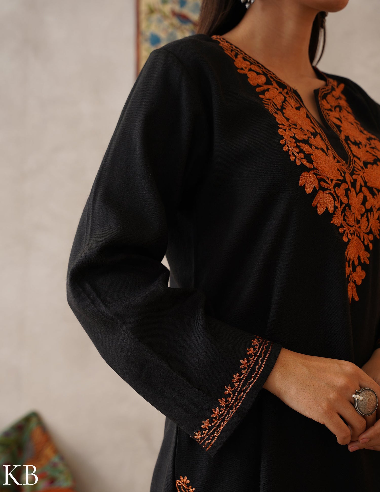 meHER Classic Black Kashmiri Copper Zari Woollen Co-ord Set