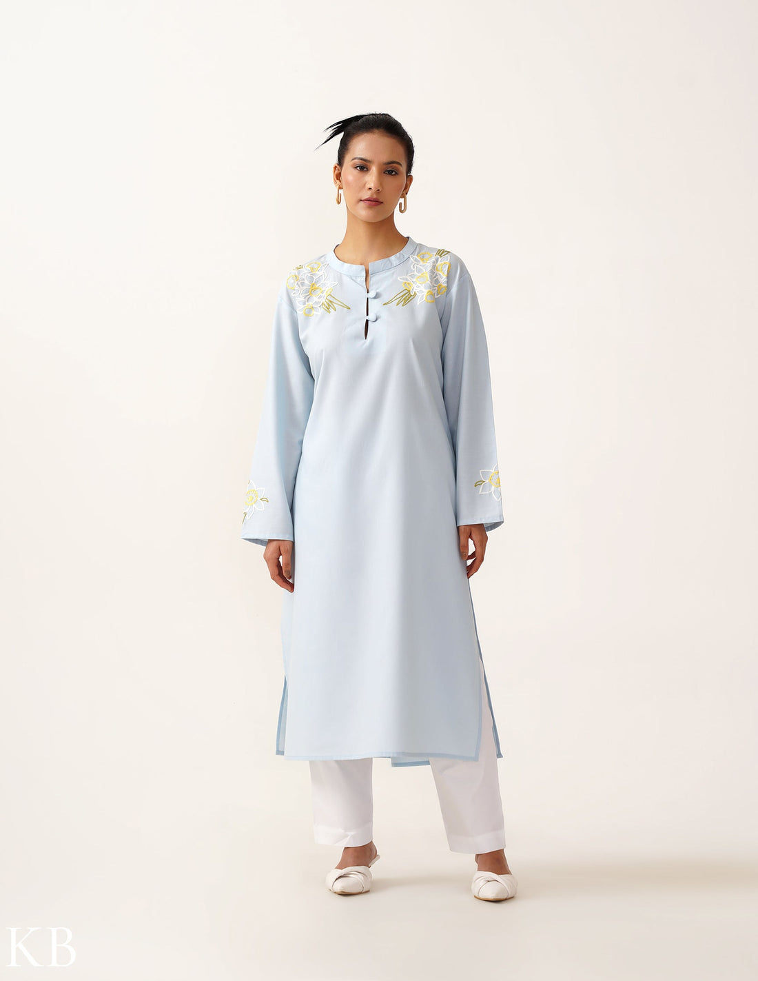 Amaryllis Hand Embroidered Straight Fit Pastel Blue Kurta Set - Kashmir Box