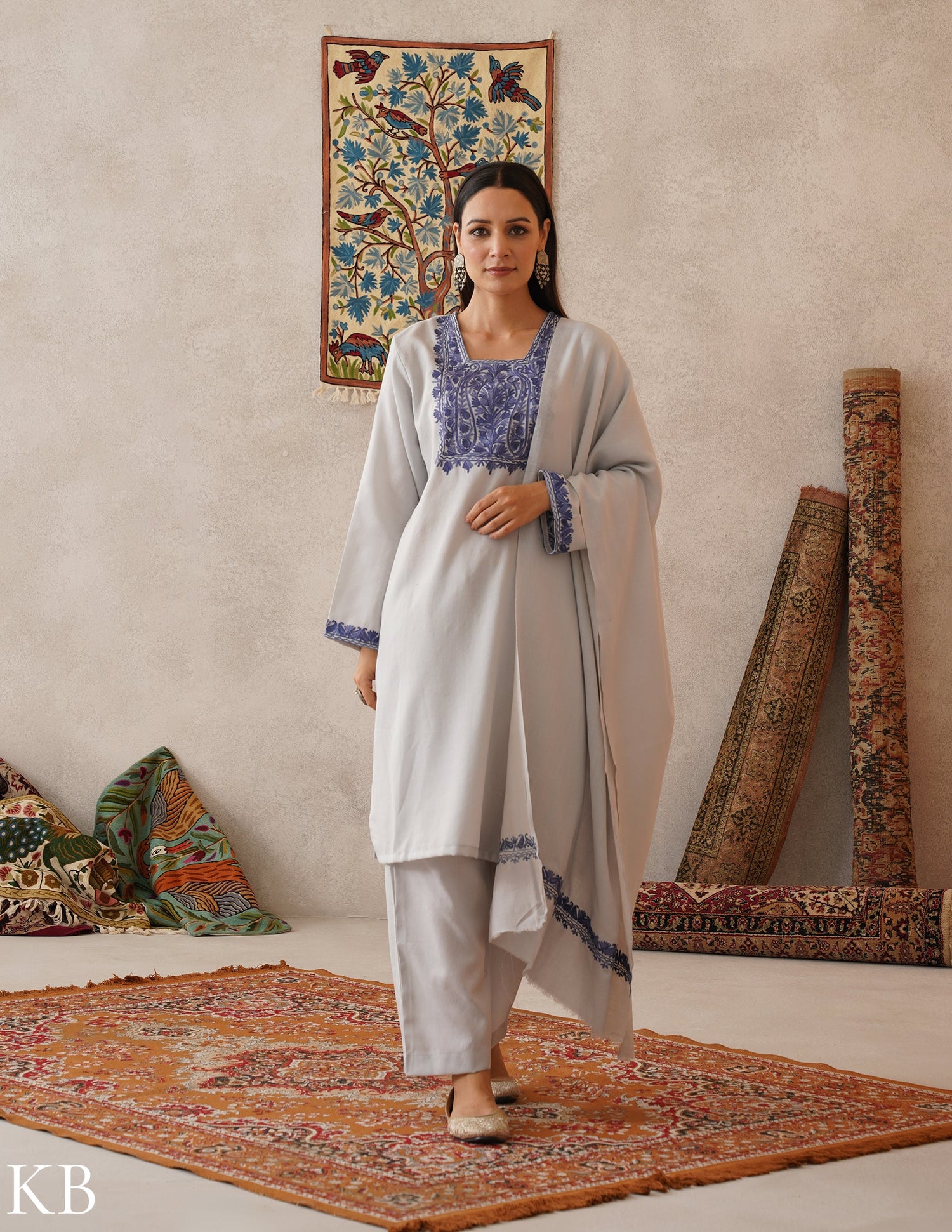 meHER Water Grey Kashmiri Aari Woollen Co-ord Set