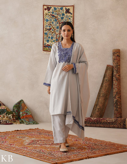 meHER Water Grey Kashmiri Aari Woollen Co-ord Set