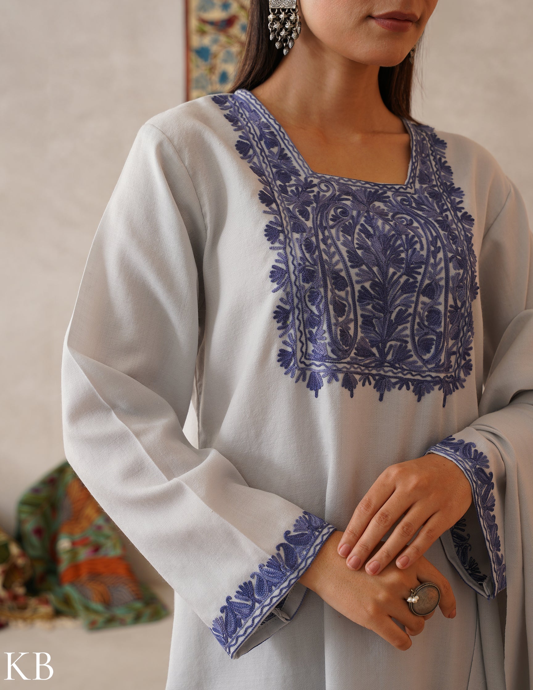 meHER Water Grey Kashmiri Aari Woollen Co-ord Set - Kashmir Box