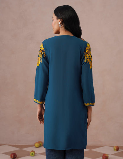 Blue Rayon Kurti – Light Brown &amp; Yellow Earthy Embroidery | Daily Ethnic Wear - Kashmir Box