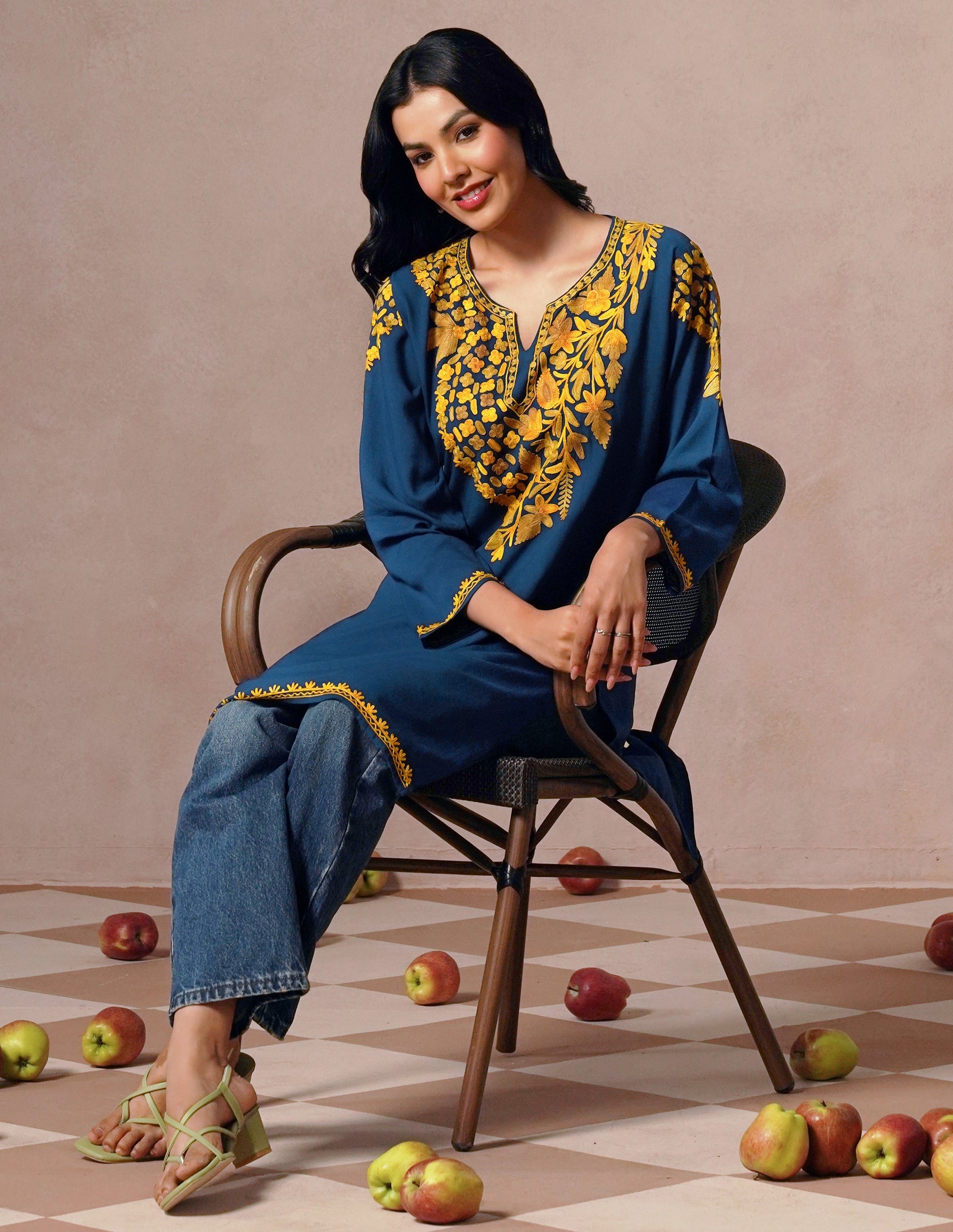 Blue Rayon Kurti – Light Brown &amp; Yellow Earthy Embroidery | Daily Ethnic Wear - Kashmir Box