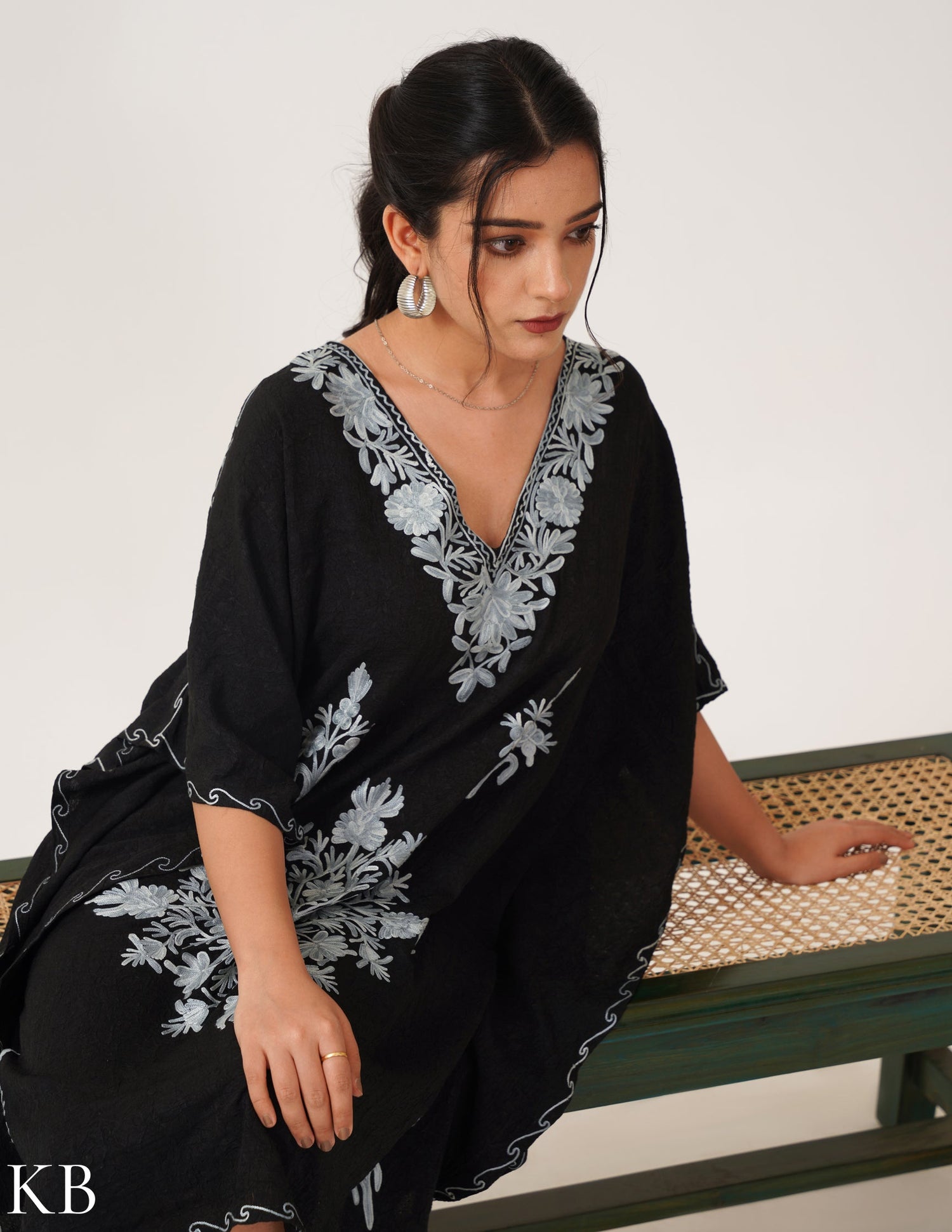 Ash Aari Embroidery on Black Crushed Cotton Short Kaftan - Kashmir Box