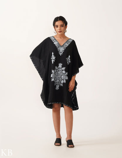 Ash Aari Embroidery on Black Crushed Cotton Short Kaftan - Kashmir Box