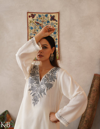 meHER Cream White Kashmiri Silver Zari Woollen Co-ord Set - Kashmir Box