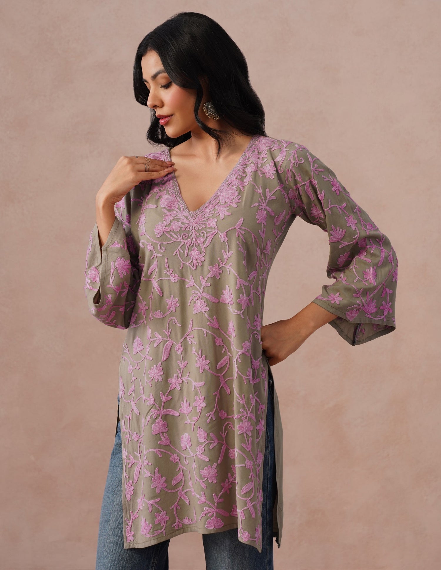 Mouse Grey Rayon Kurti – Pink Aari Embroidery | Office &amp; Casual Ethnic Wear - Kashmir Box