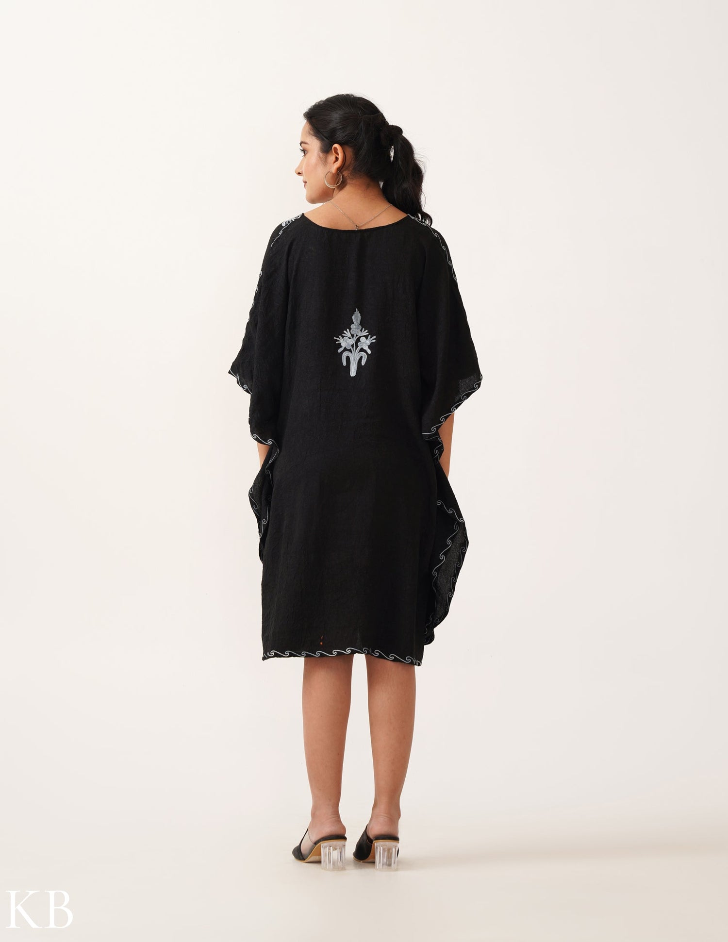 Ash Aari Embroidery on Black Crushed Cotton Short Kaftan - Kashmir Box