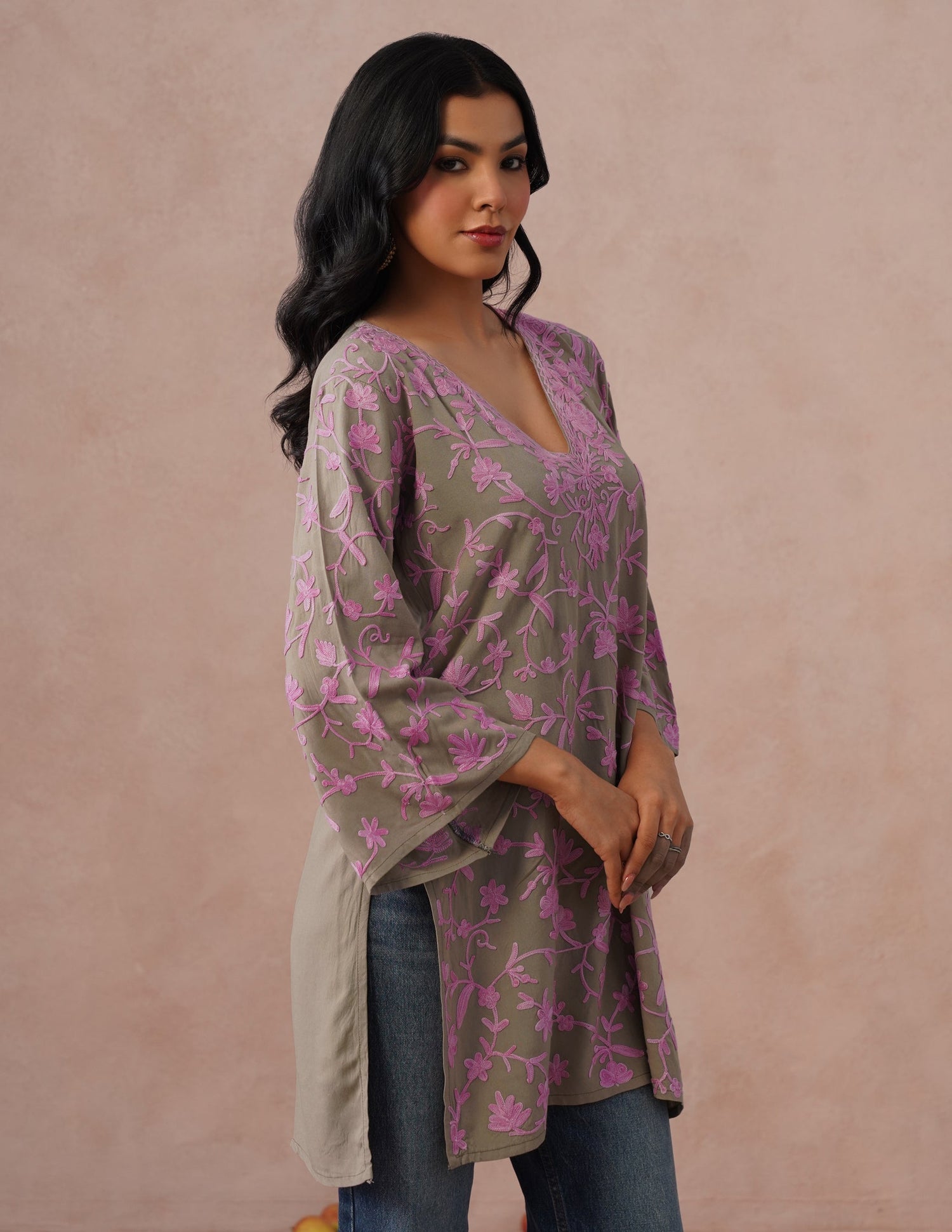 Mouse Grey Rayon Kurti – Pink Aari Embroidery | Office &amp; Casual Ethnic Wear - Kashmir Box