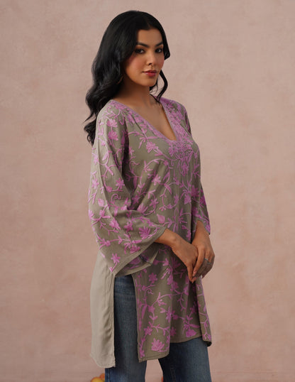 Mouse Grey Rayon Kurti – Pink Aari Embroidery | Office &amp; Casual Ethnic Wear - Kashmir Box