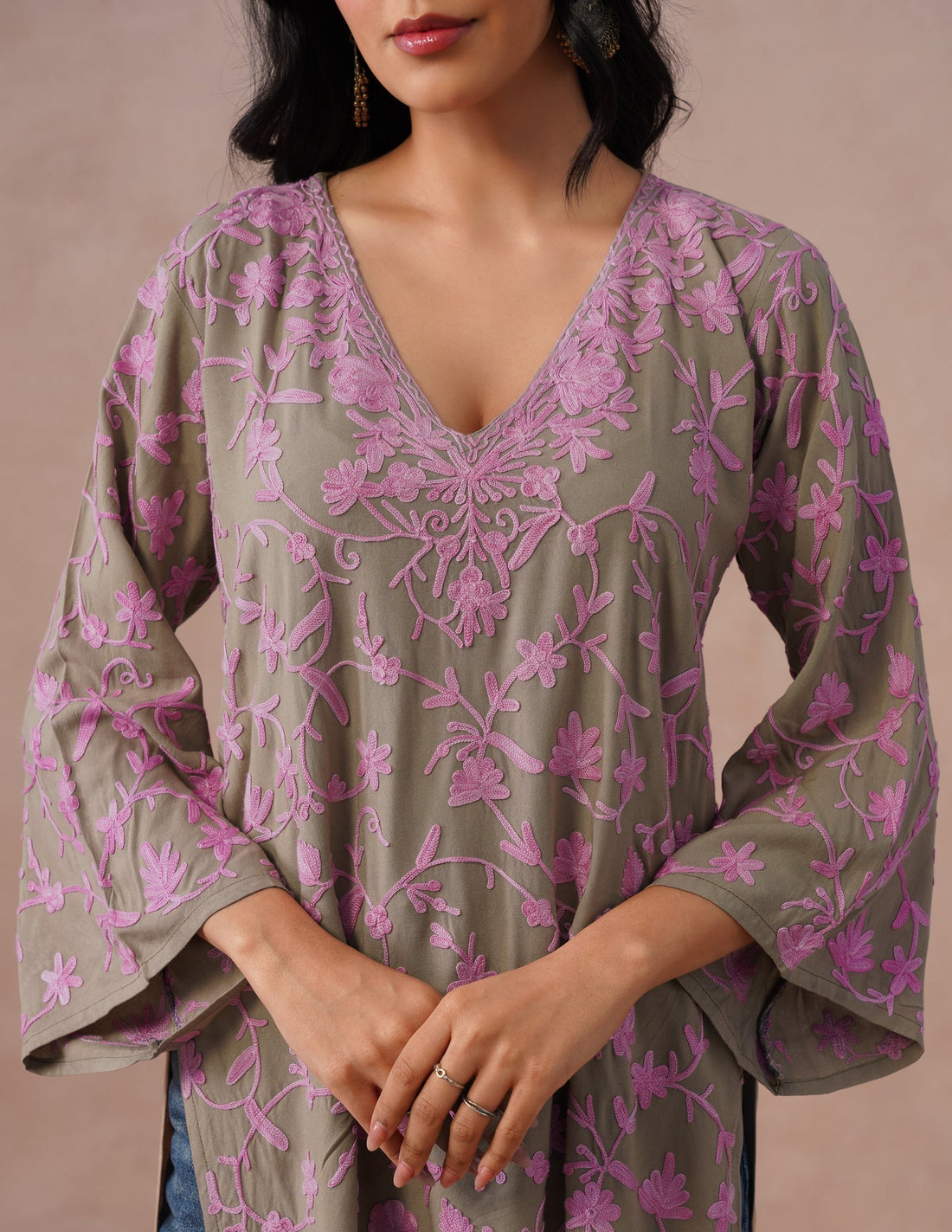 Mouse Grey Rayon Kurti – Pink Aari Embroidery | Office &amp; Casual Ethnic Wear - Kashmir Box