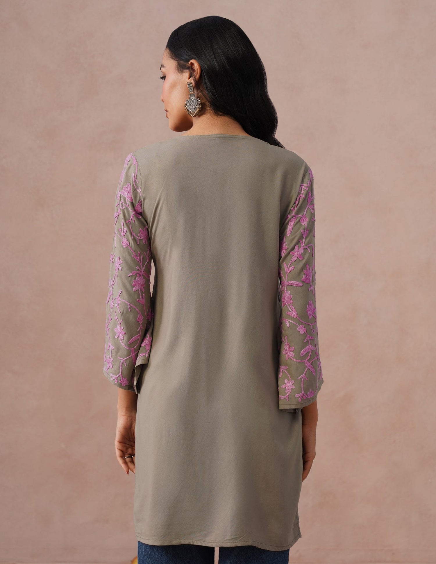 Mouse Grey Rayon Kurti – Pink Aari Embroidery | Office &amp; Casual Ethnic Wear - Kashmir Box