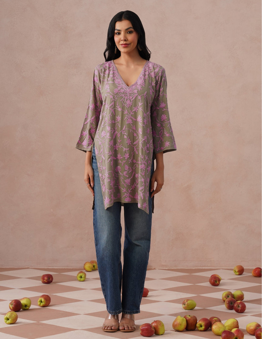 Mouse Grey Rayon Kurti – Pink Aari Embroidery | Office & Casual Ethnic Wear - Kashmir Box