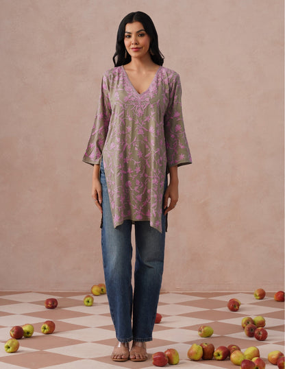 Mouse Grey Rayon Kurti – Pink Aari Embroidery | Office &amp; Casual Ethnic Wear - Kashmir Box