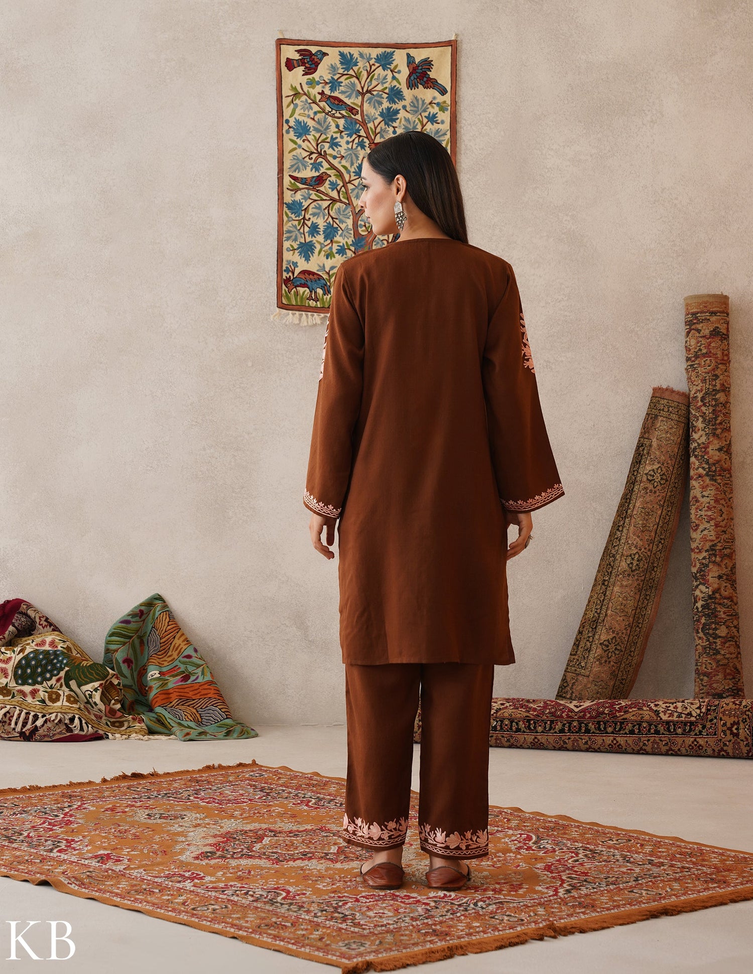 meHER Chocolate Brown Kashmiri Aari Woollen Co-ord Set