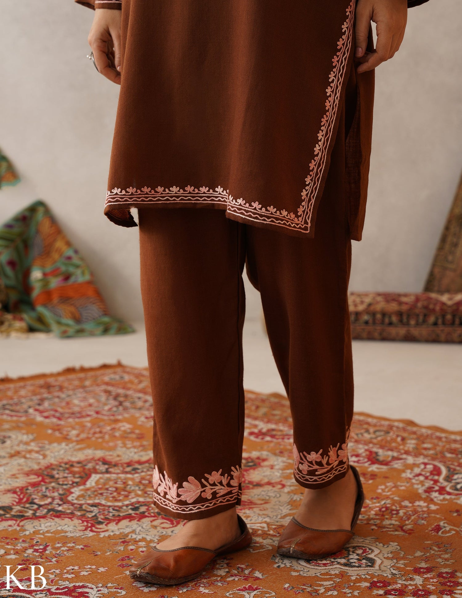 meHER Chocolate Brown Kashmiri Aari Woollen Co-ord Set