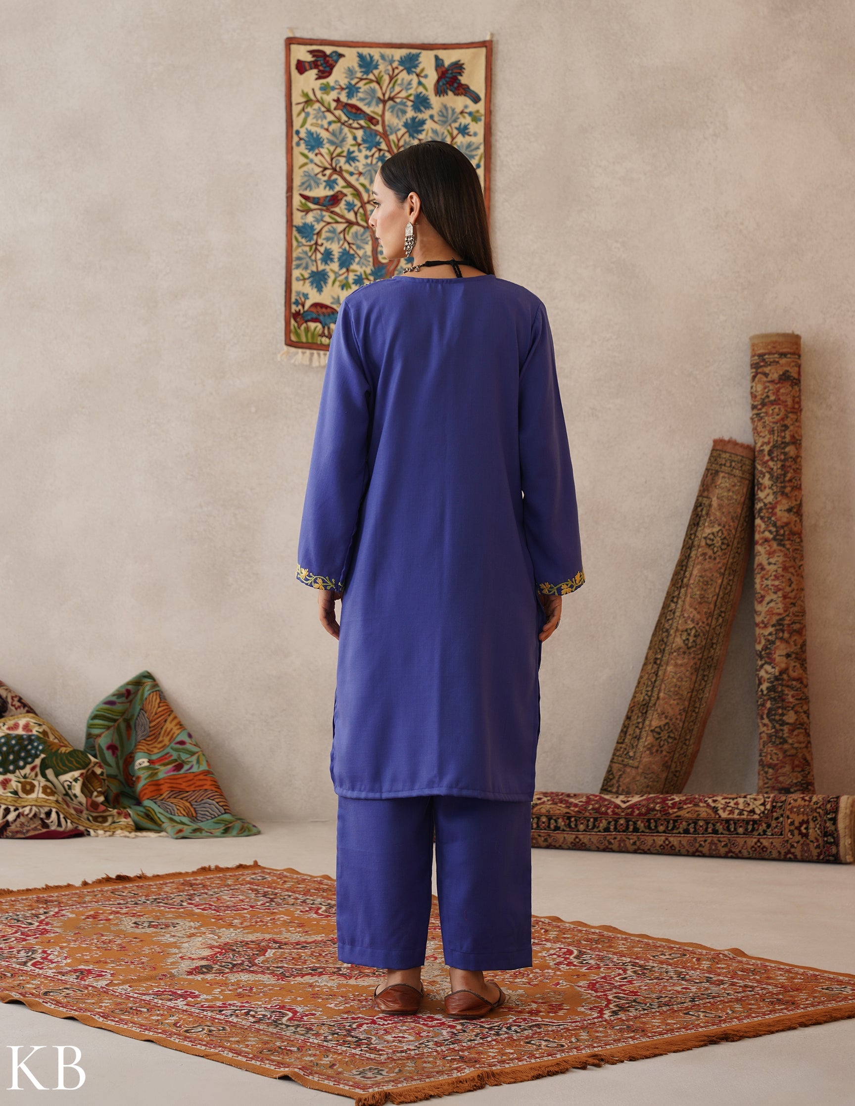 meHER Iris Blue Kashmiri Aari Woollen Co-ord Set