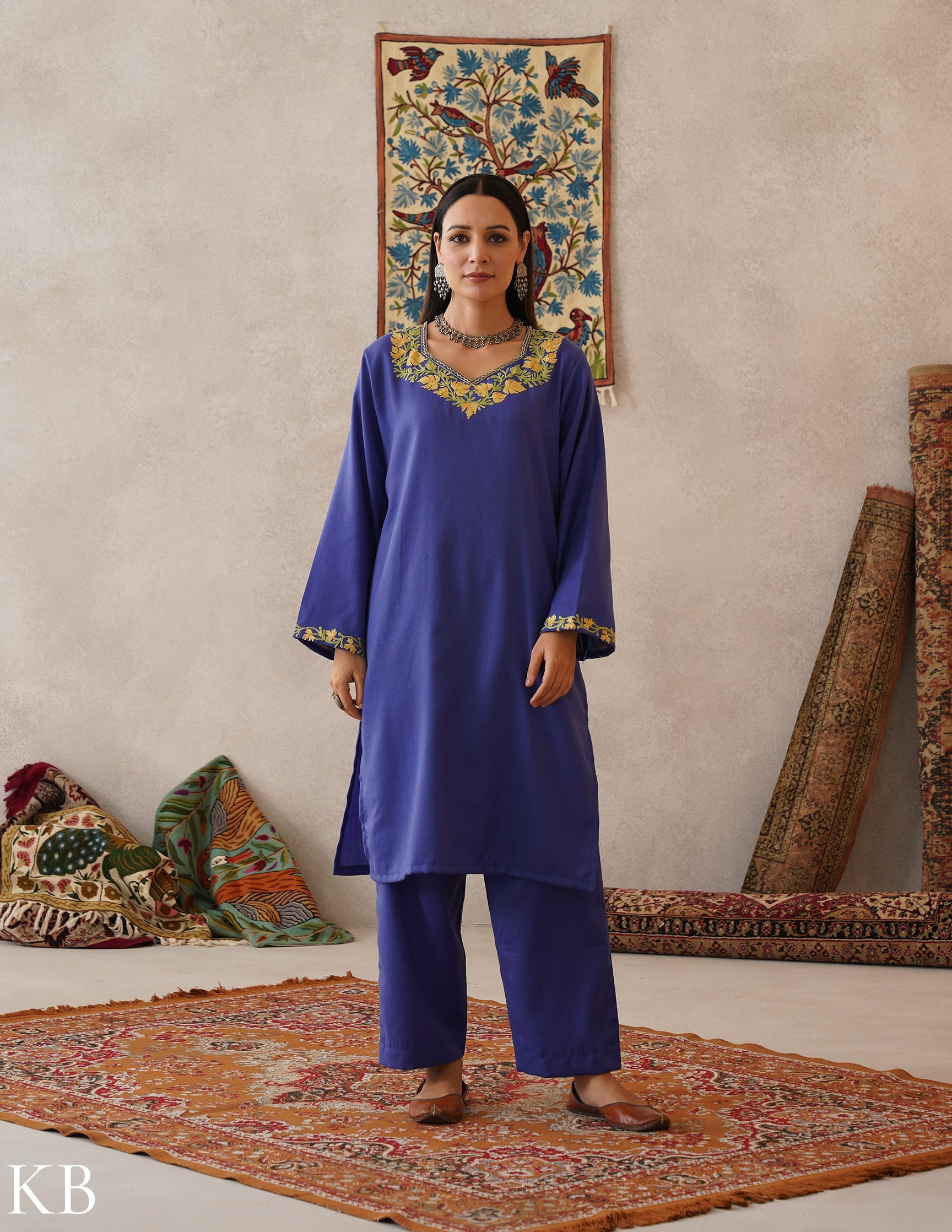 meHER Iris Blue Kashmiri Aari Woollen Co-ord Set