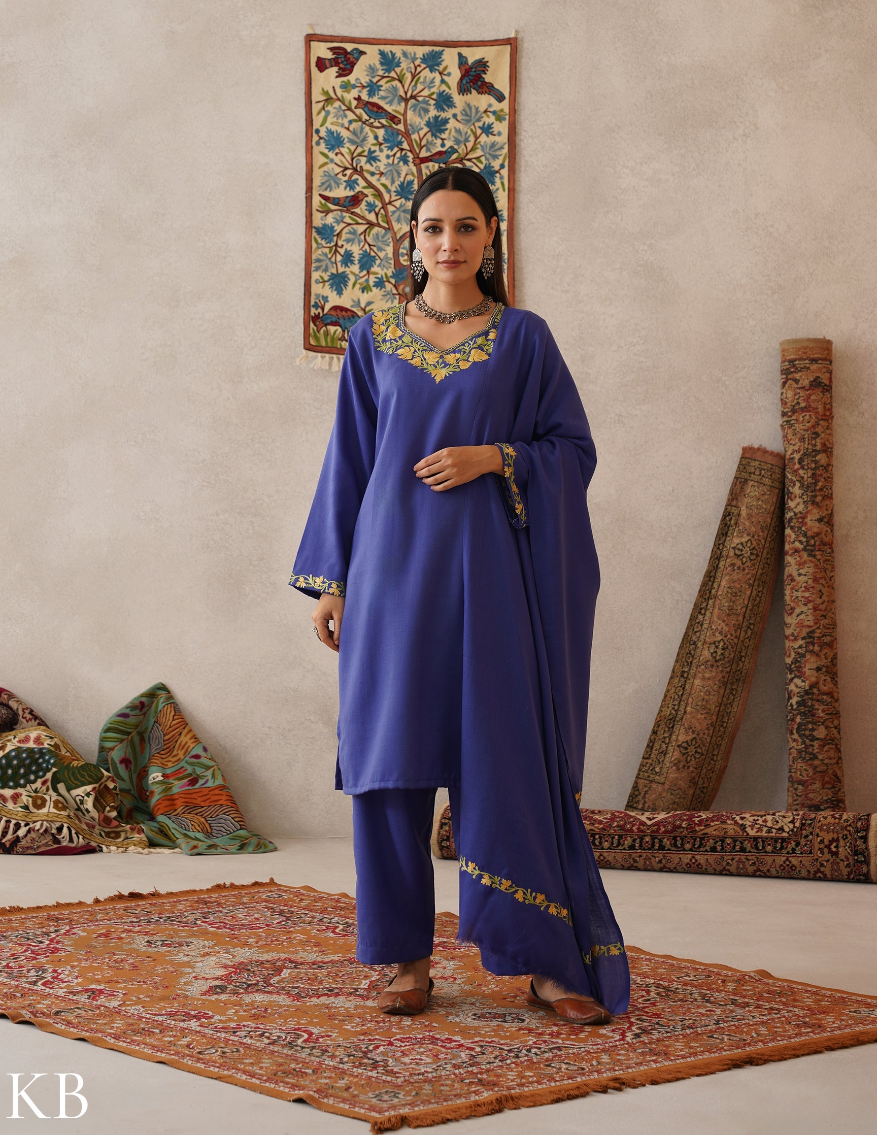 meHER Iris Blue Kashmiri Aari Woollen Co-ord Set