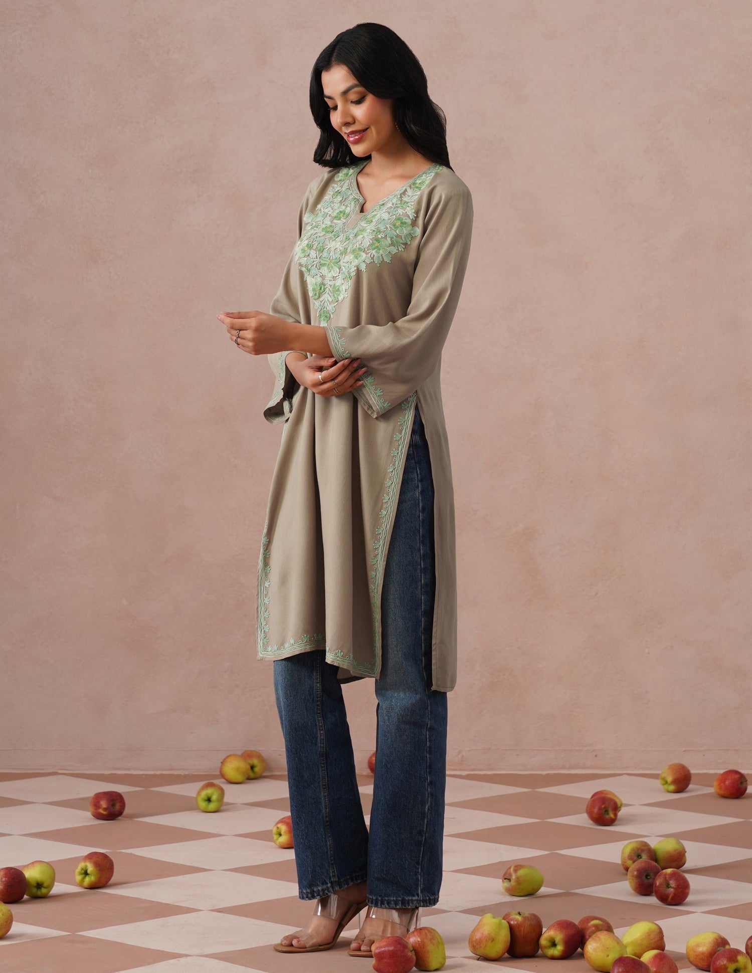Mouse Grey Rayon Kurti – Green Aari Embroidery | Daily Wear Ethnic Kurti - Kashmir Box