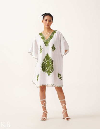 Moss Aari Off-White Crushed Cotton Short Kaftan - Kashmir Box