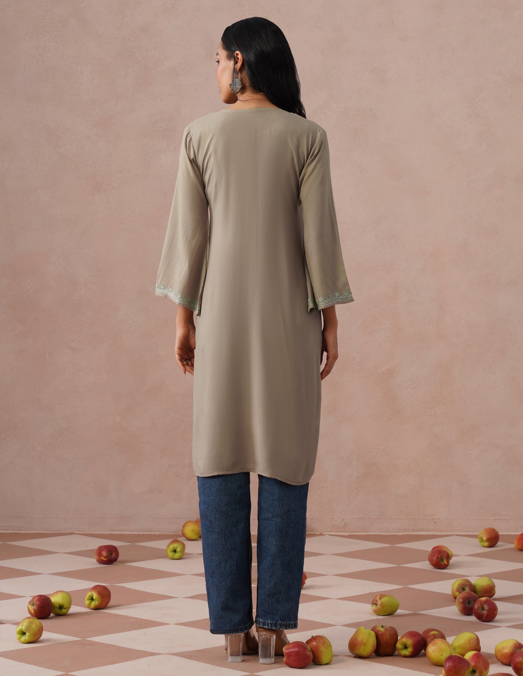 Mouse Grey Rayon Kurti – Green Aari Embroidery | Daily Wear Ethnic Kurti - Kashmir Box