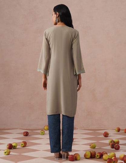 Mouse Grey Rayon Kurti – Green Aari Embroidery | Daily Wear Ethnic Kurti - Kashmir Box