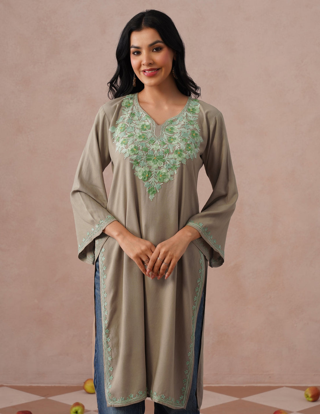 Mouse Grey Rayon Kurti – Green Aari Embroidery | Daily Wear Ethnic Kurti - Kashmir Box