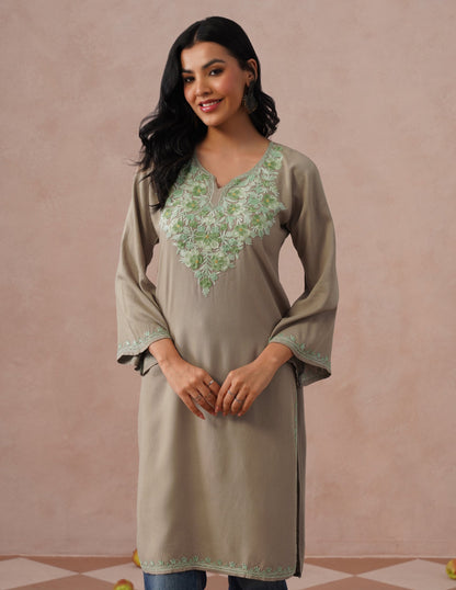 Mouse Grey Rayon Kurti – Green Aari Embroidery | Daily Wear Ethnic Kurti - Kashmir Box