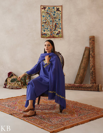 meHER Iris Blue Kashmiri Aari Woollen Co-ord Set