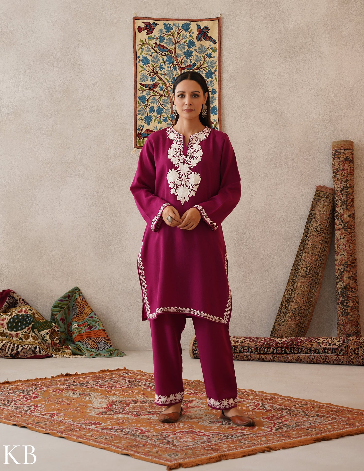 meHER Pansy Purple Kashmiri Aari Woollen Co-ord Set