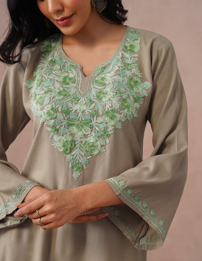 Mouse Grey Rayon Kurti – Green Aari Embroidery | Daily Wear Ethnic Kurti - Kashmir Box