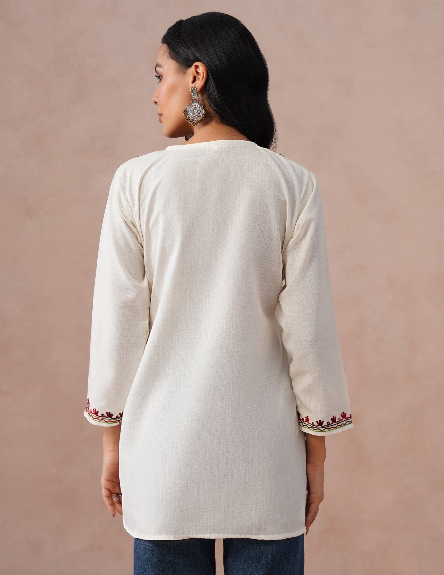 White Cotton Kurti – Vibrant Multicolor Aari Embroidery | Daily Ethnic Wear - Kashmir Box