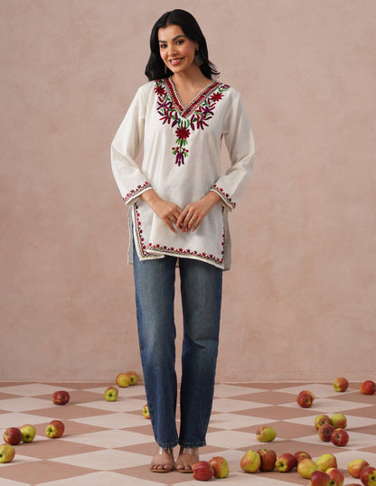 White Cotton Kurti – Vibrant Multicolor Aari Embroidery | Daily Ethnic Wear - Kashmir Box