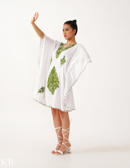 Moss Aari Off-White Crushed Cotton Short Kaftan - Kashmir Box