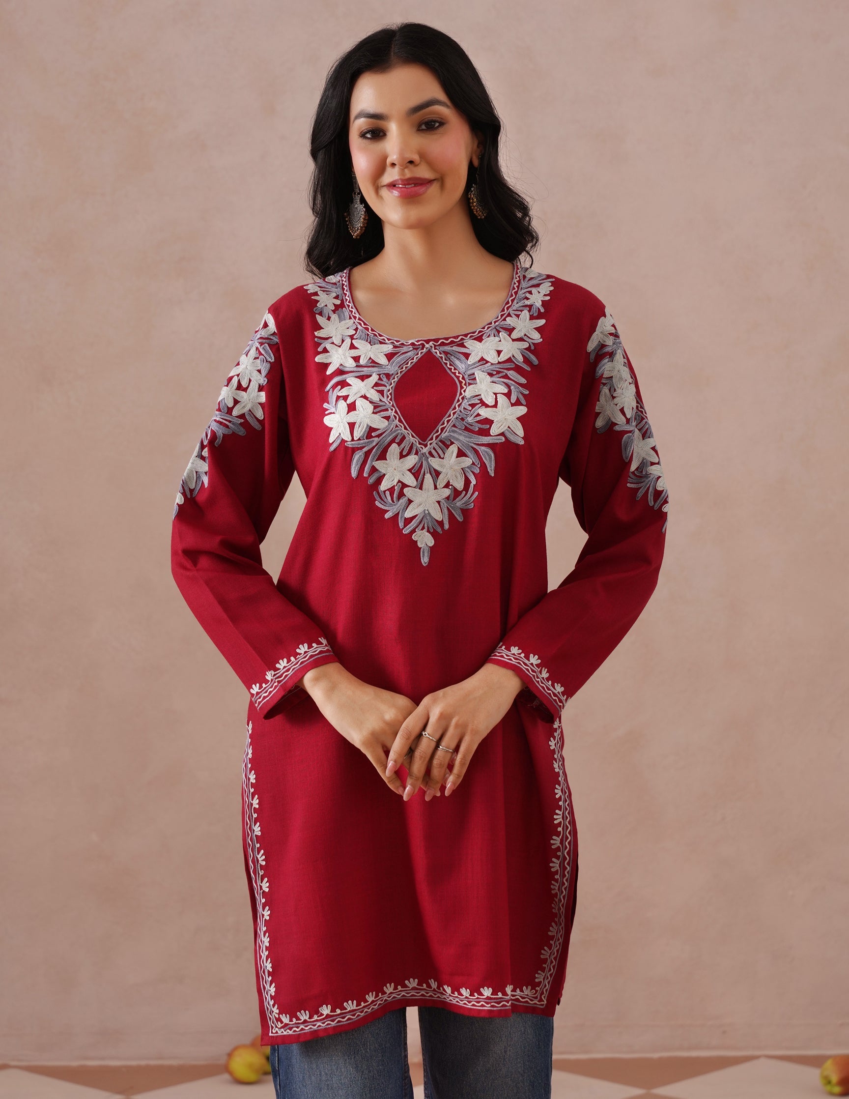 Blush Maroon Cotton Kurti – Grey &amp; White Aari Embroidery | Office Ethnic Wear - Kashmir Box