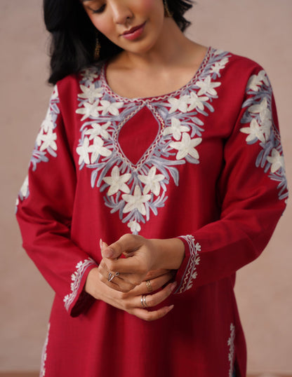 Blush Maroon Cotton Kurti – Grey &amp; White Aari Embroidery | Office Ethnic Wear - Kashmir Box