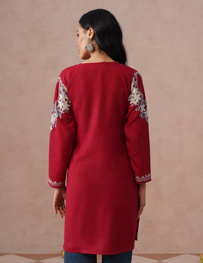 Blush Maroon Cotton Kurti – Grey &amp; White Aari Embroidery | Office Ethnic Wear - Kashmir Box