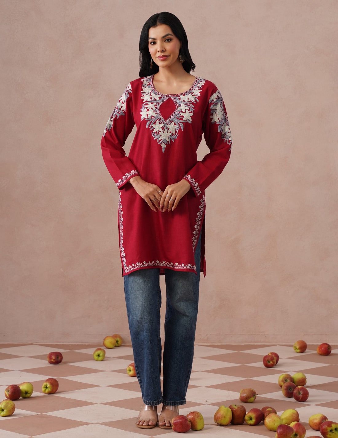 Blush Maroon Cotton Kurti – Grey & White Aari Embroidery | Office Ethnic Wear - Kashmir Box