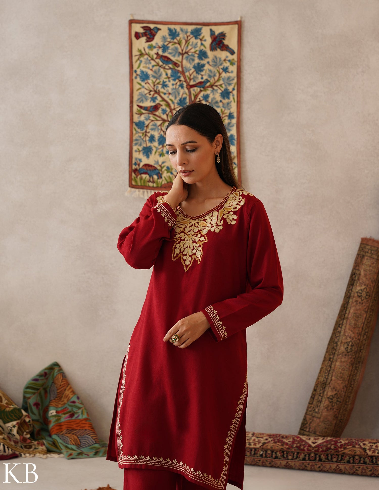 meHER Maroon Red Kashmiri Aari Outlined Zari Woollen Co-ord Set